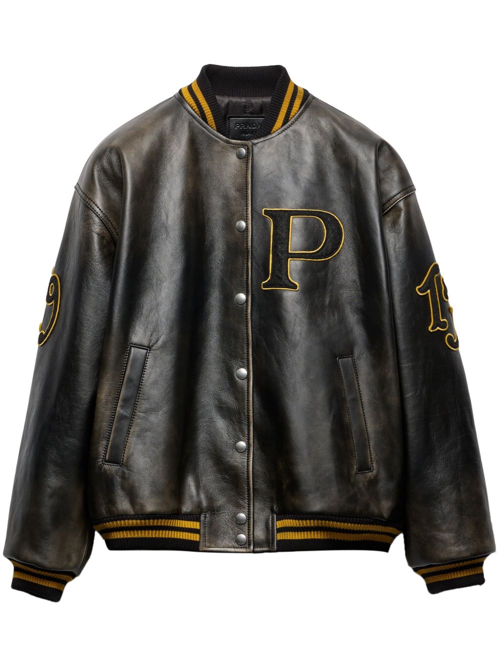 Prada logo贴花皮质飞行员夹克 - 黑色