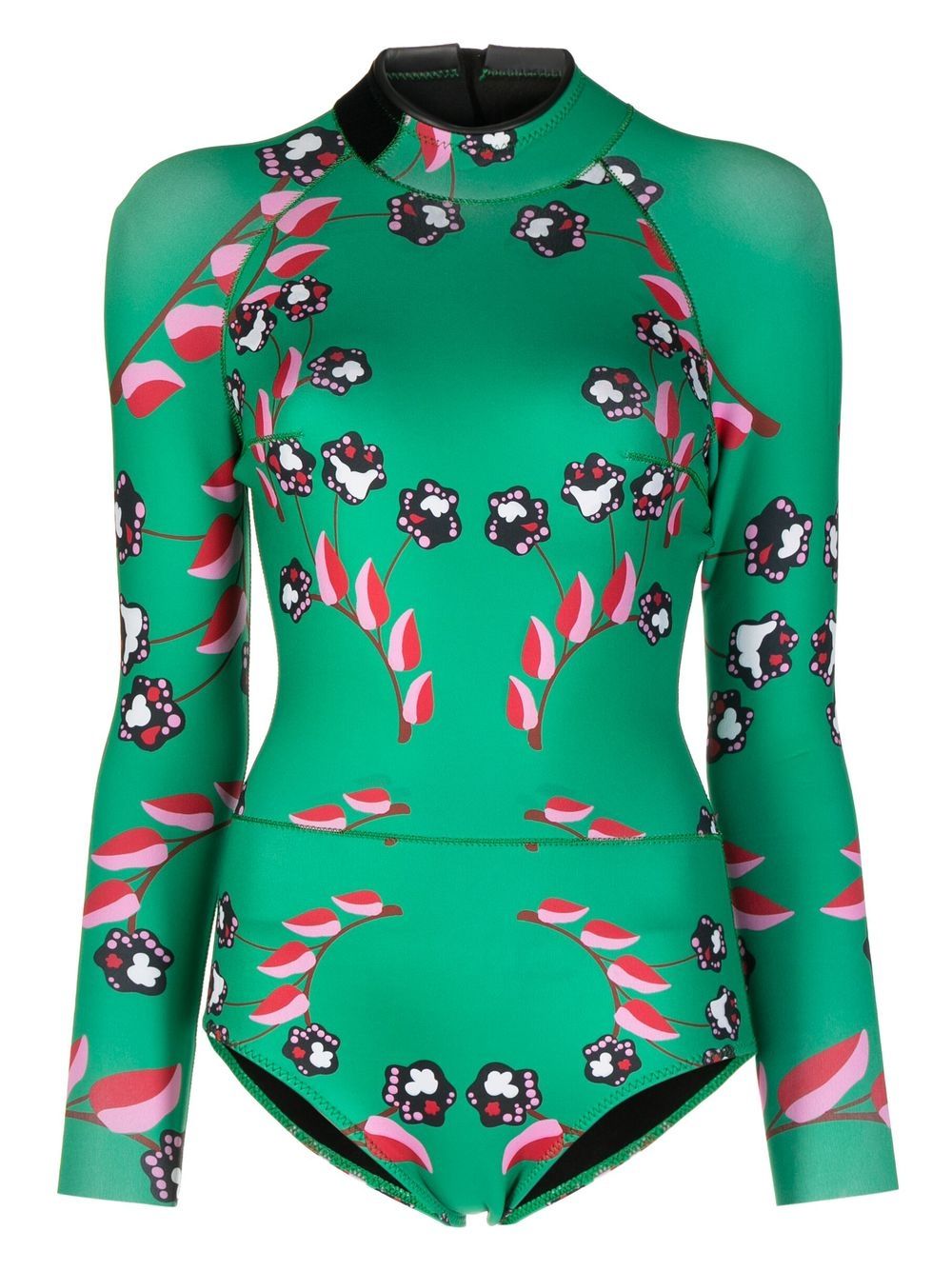 Cynthia Rowley Vine Floral 高衩连体泳衣 - 绿色
