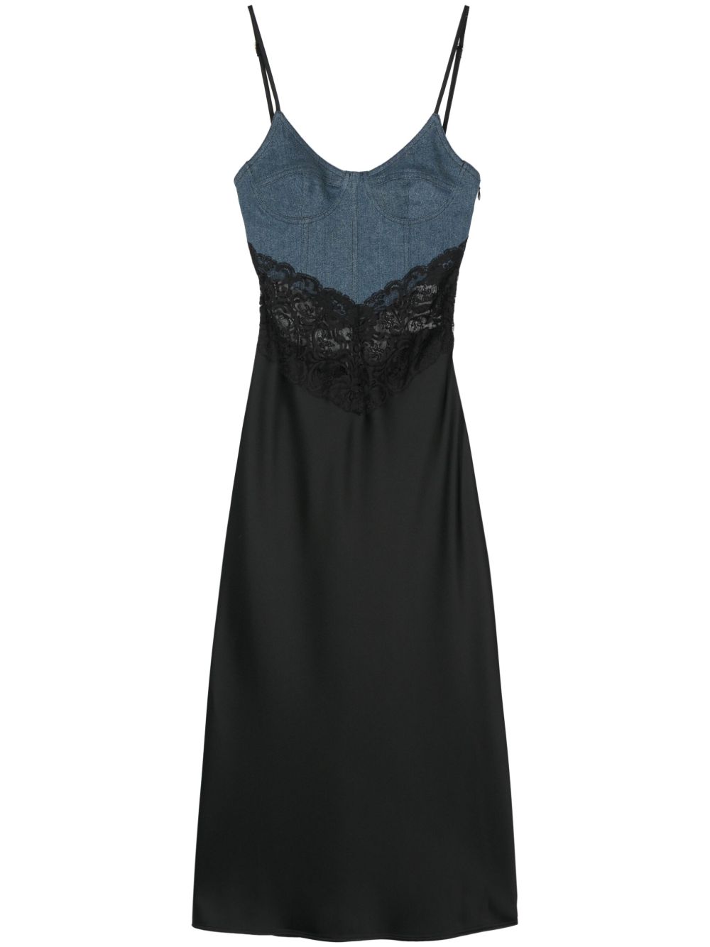 Blumarine 牛仔拼接缎面中长连衣裙 - 黑色