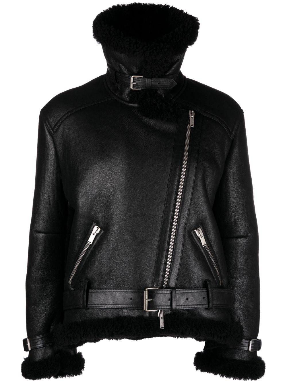 Saint Laurent 人造皮草边饰皮质夹克 - 黑色
