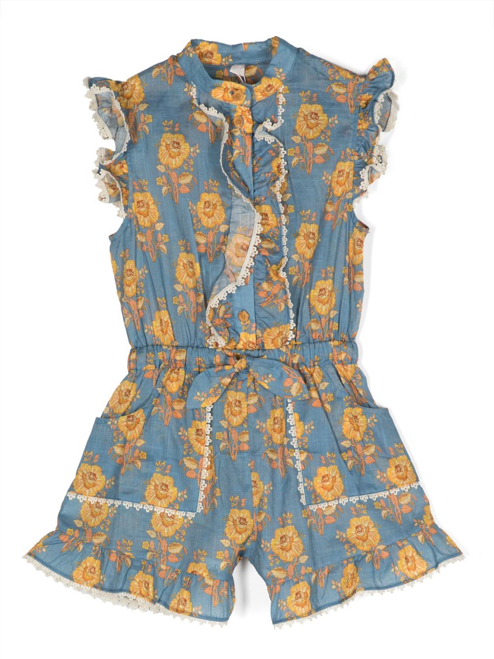 ZIMMERMANN Kids Junie 荷叶边细节钱布雷布连体短裤 - 蓝色