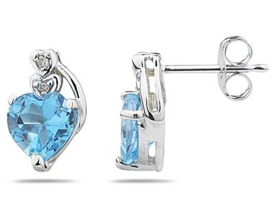 Heart Shape Blue Topaz & Diamond Earrings in White Gold