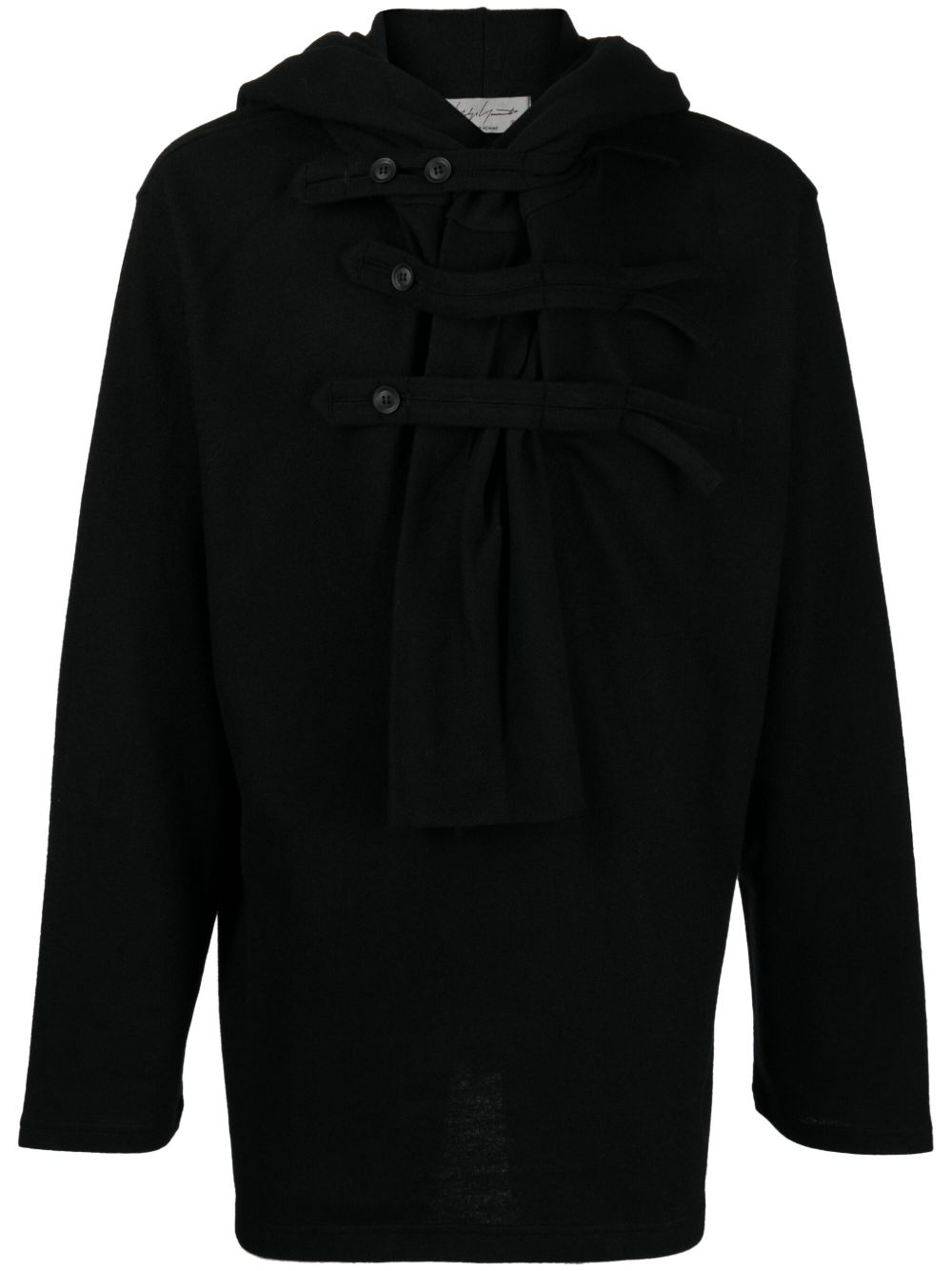 Yohji Yamamoto 装饰性纽扣羊毛混纺连帽衫 - 黑色