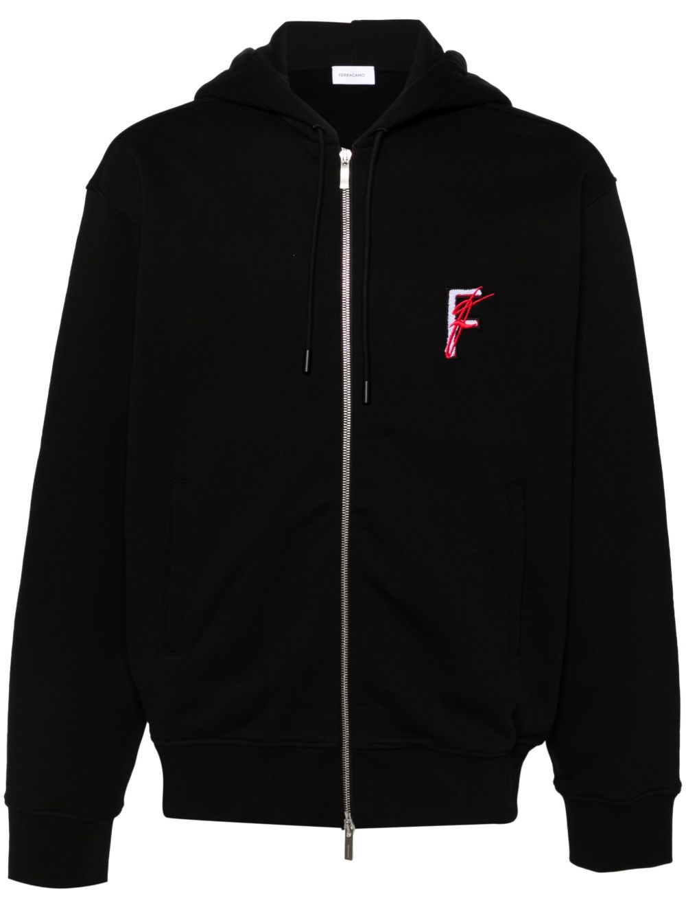 Ferragamo logo刺绣棉连帽衫 - 黑色