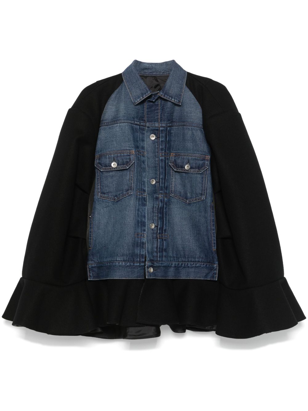 sacai 牛仔拼接斗篷 - 黑色
