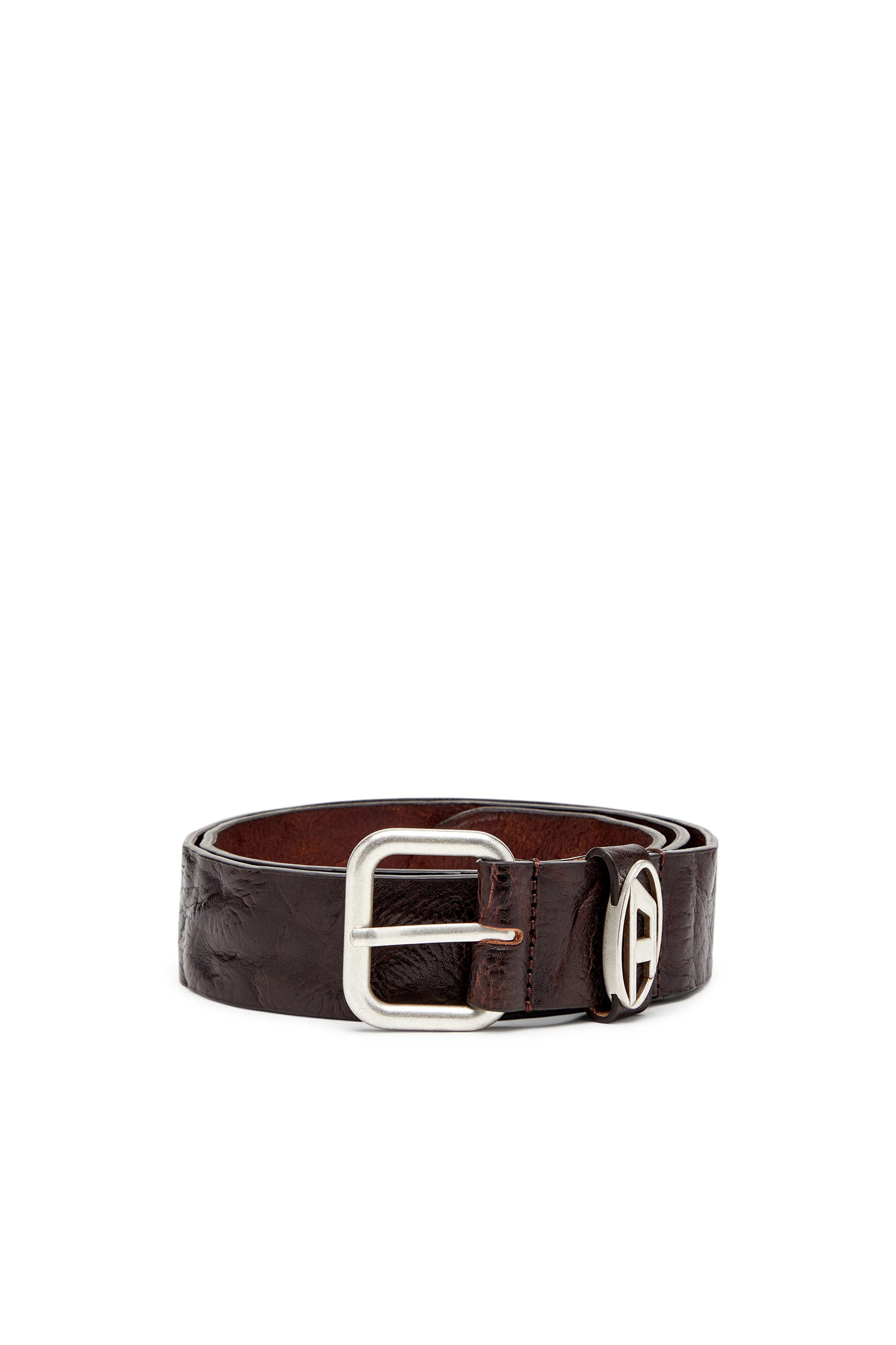 Diesel - Logo-plaque wrinkled leather belt - Belts - Unisex - Brown