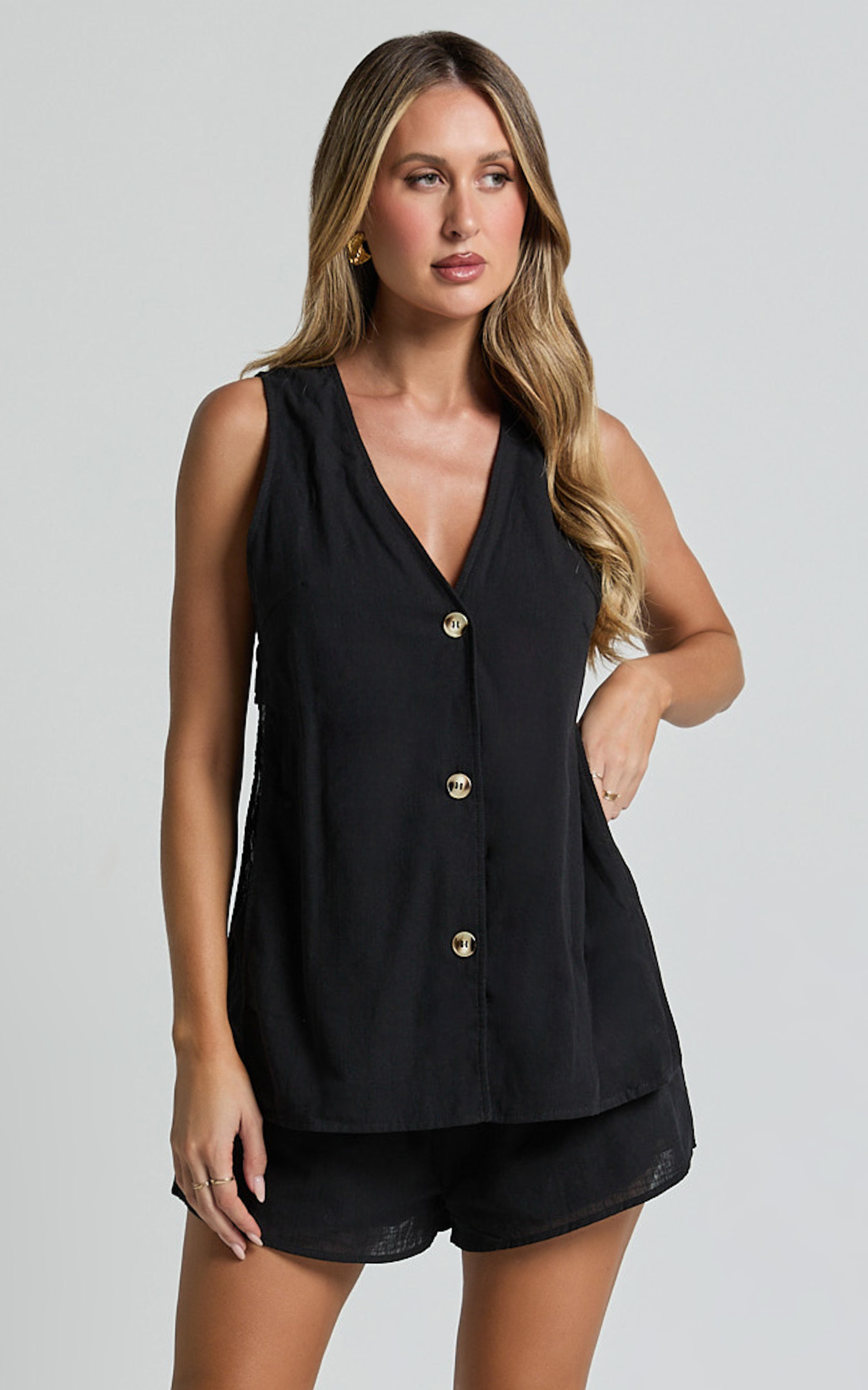 Devon Two Piece Set - Open Side Detail Top & Short Linen Set in Black