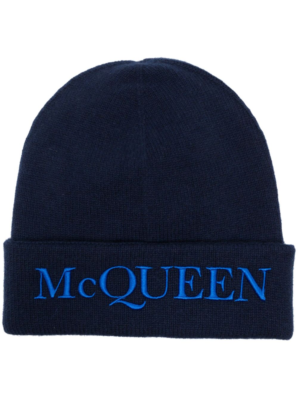 Alexander McQueen logo刺绣羊绒套头帽 - 蓝色