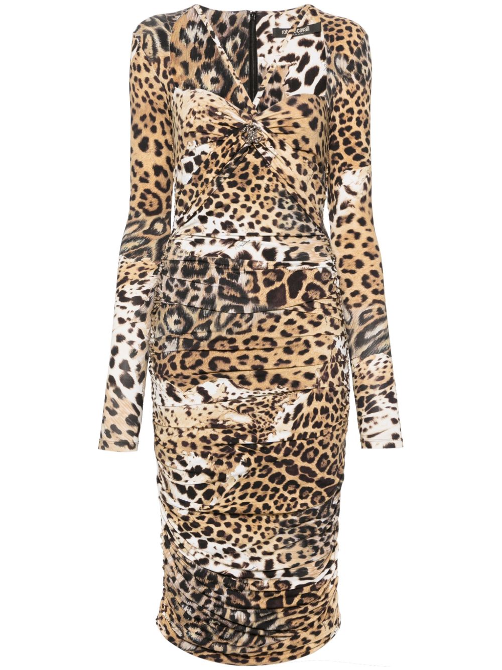 Roberto Cavalli Jaguar Skin 印花缩褶连衣裙 - 中性色