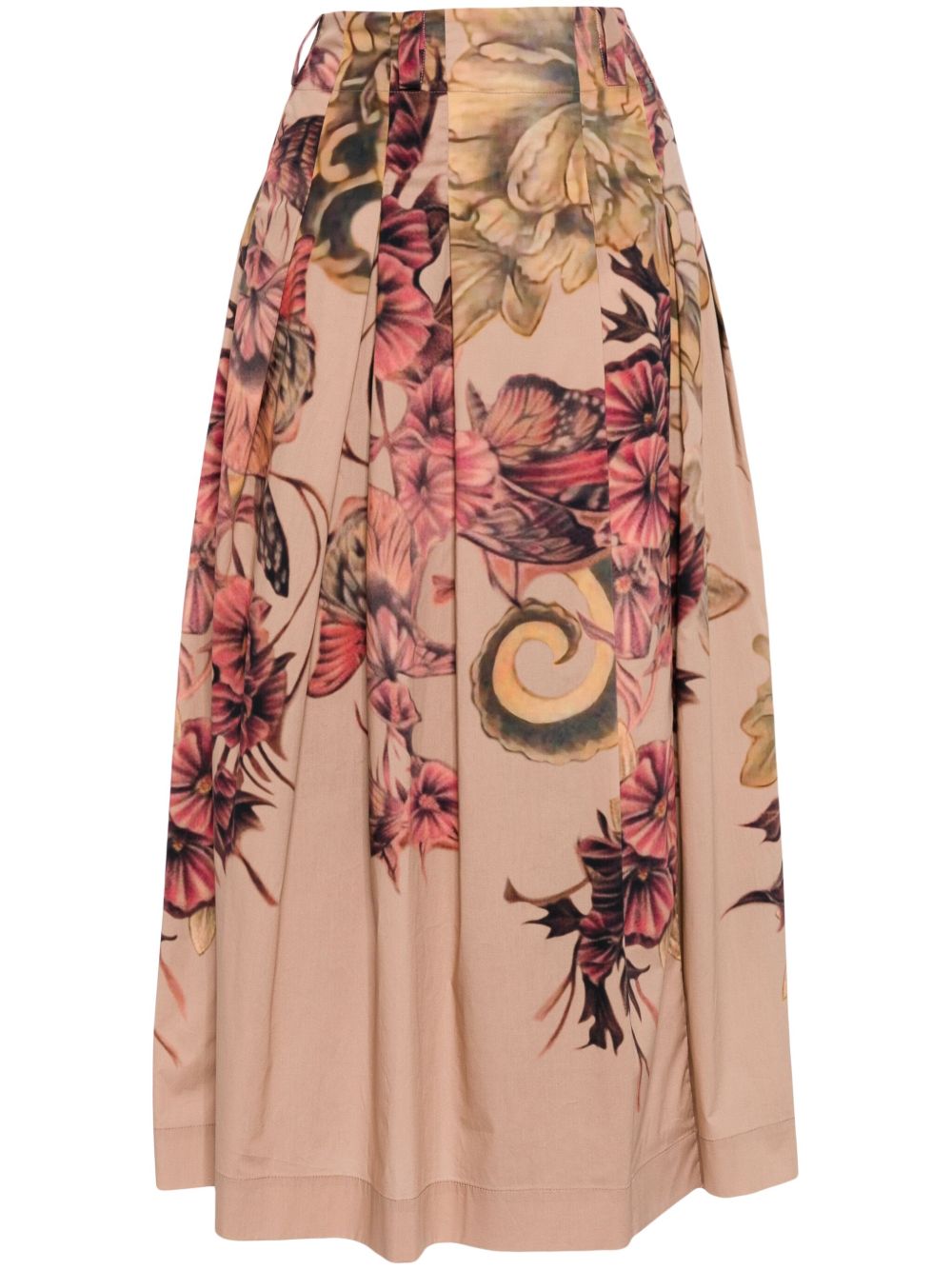 Alberta Ferretti 花卉印花褶饰中长半身裙 - 褐色