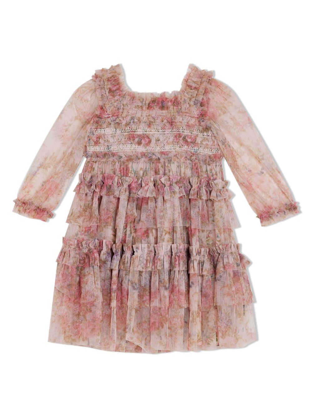 NEEDLE & THREAD KIDS Floral Wreath 弹性缩褶薄纱连衣裙 - 粉色