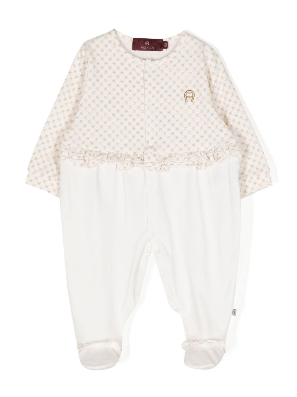 Aigner Kids logo印花荷叶边细节连体睡衣 - 白色