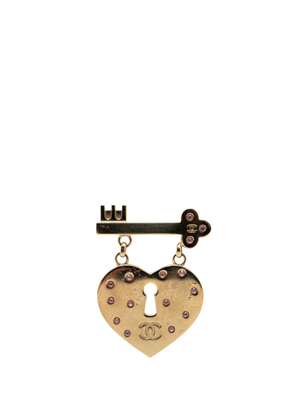 CHANEL Pre-Owned 镀金 Heart Lock 和 Key Pin 服装胸针（2002年典藏款） - 金色