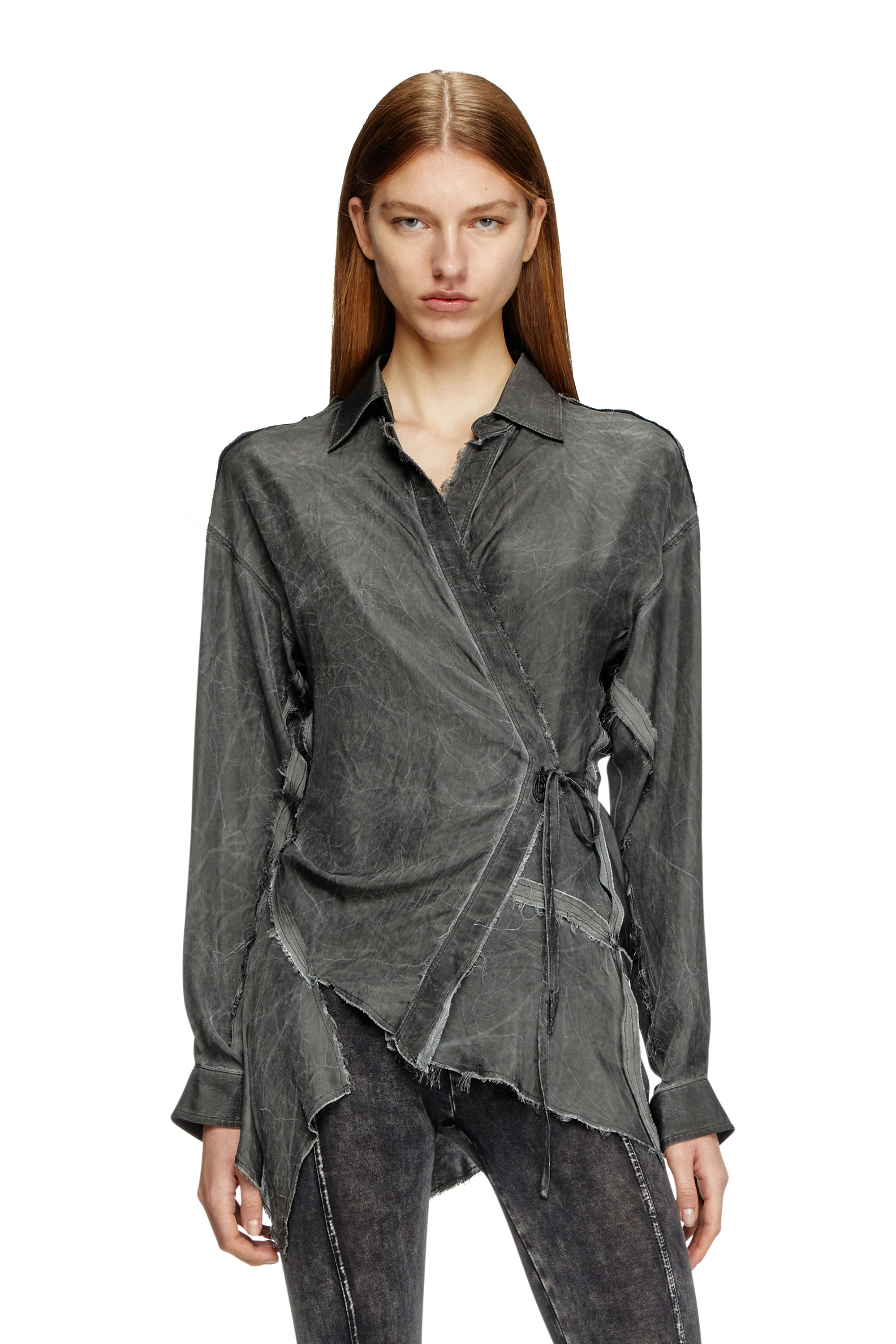 Diesel - Asymmetric wrap shirt in wrinkled twill - Shirts - Woman - Black