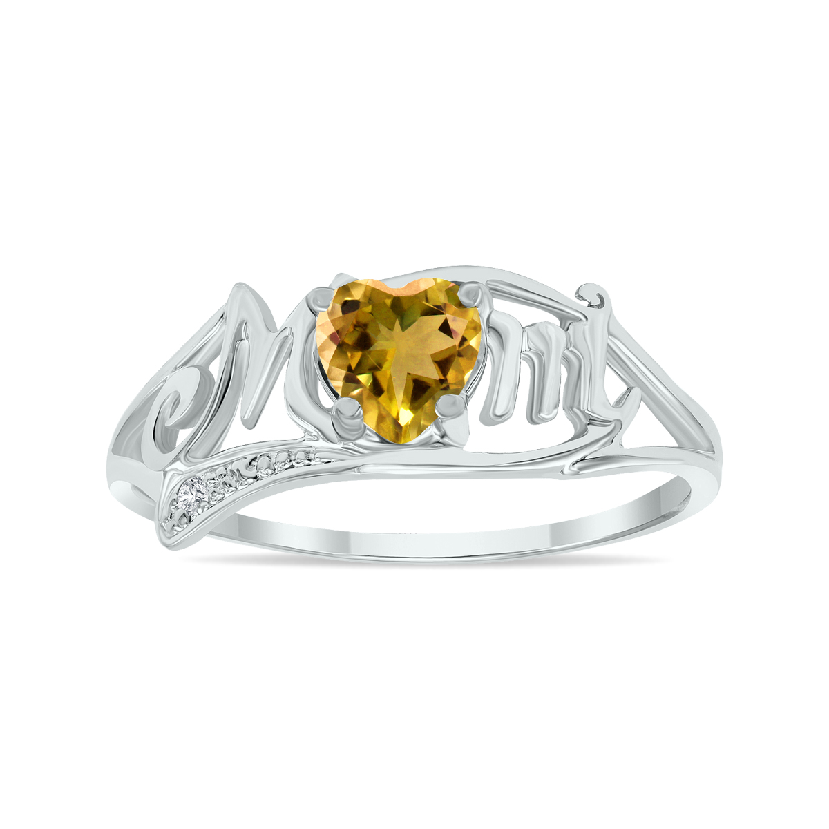 Citrine and Diamond Heart Shaped MOM Ring in 10K White Gold