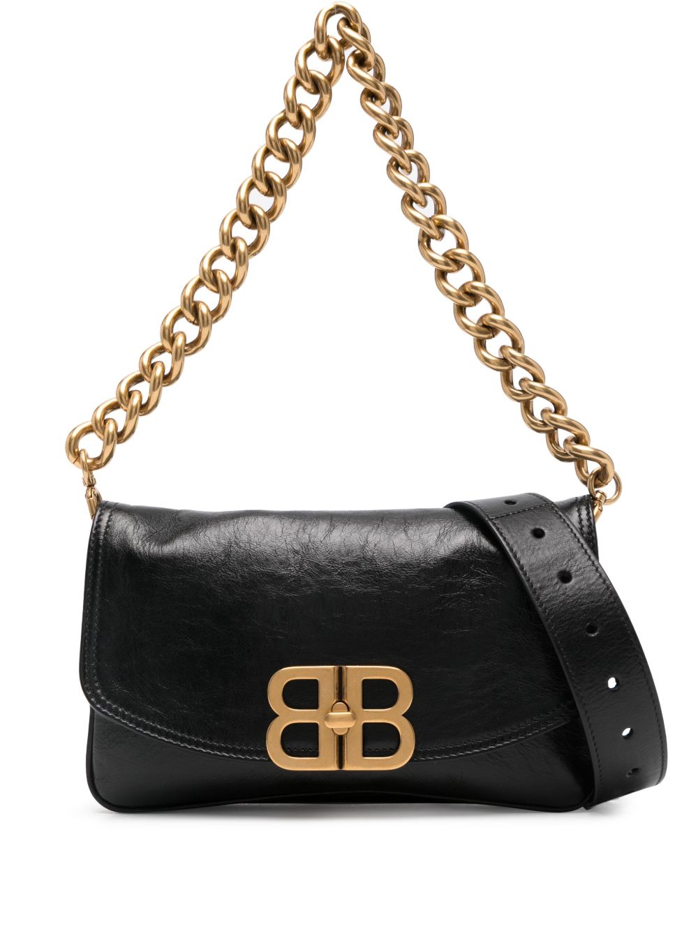 Balenciaga BB 小号翻盖皮质手提包 - 黑色