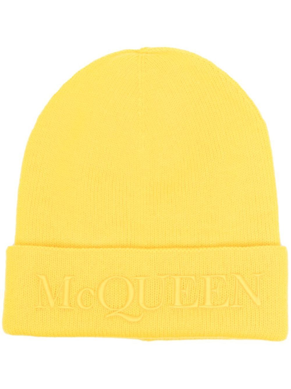 Alexander McQueen logo刺绣羊绒套头帽 - 黄色