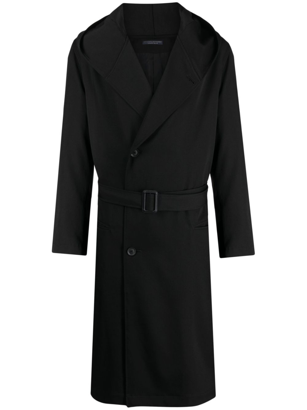 Yohji Yamamoto 束腰羊毛连帽风衣 - 黑色