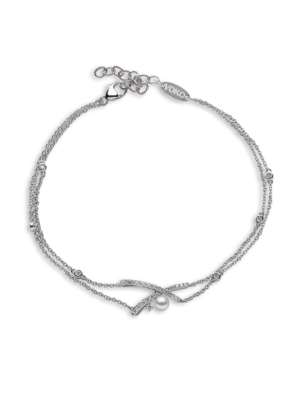 Yoko London Sleek 18K白金钻石阿古屋珍珠手链 - 银色
