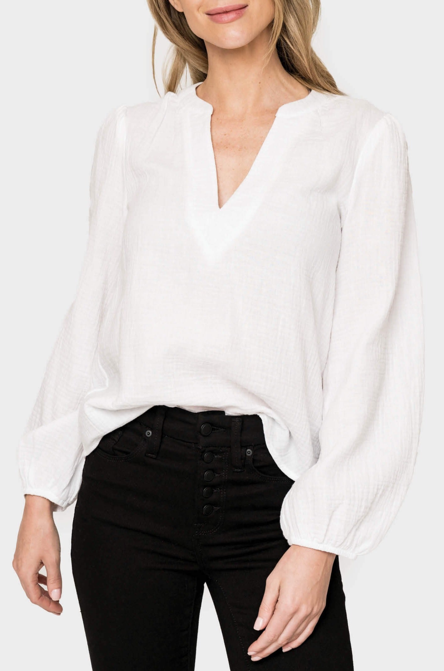Meadow Bracelet Sleeve V-Neck Gauze Top - Cream Antique S