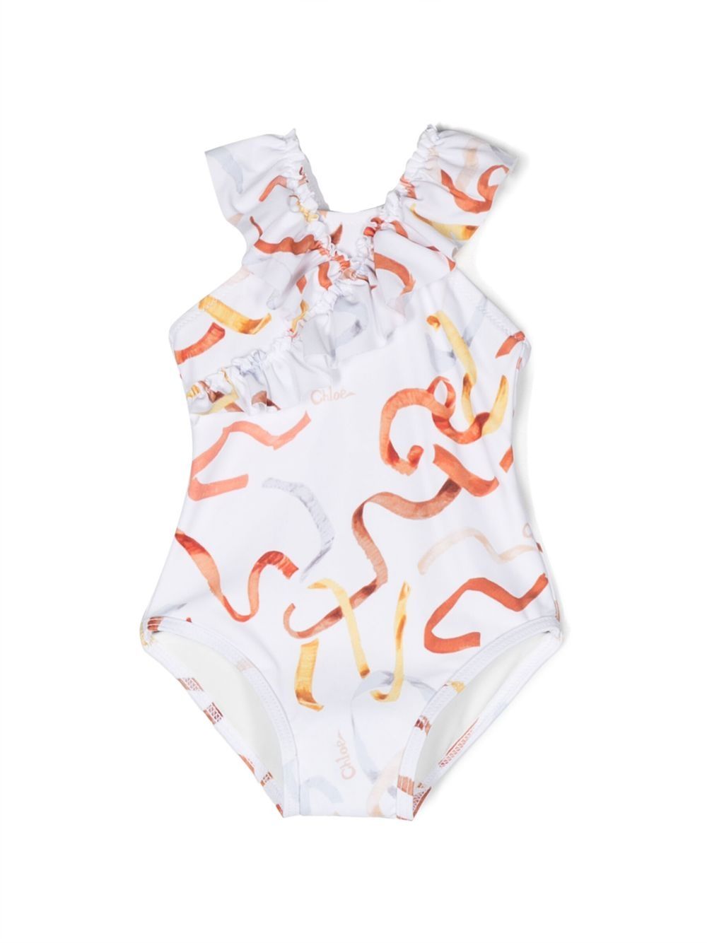 Chloé Kids 缎带印花连体泳衣 - 白色