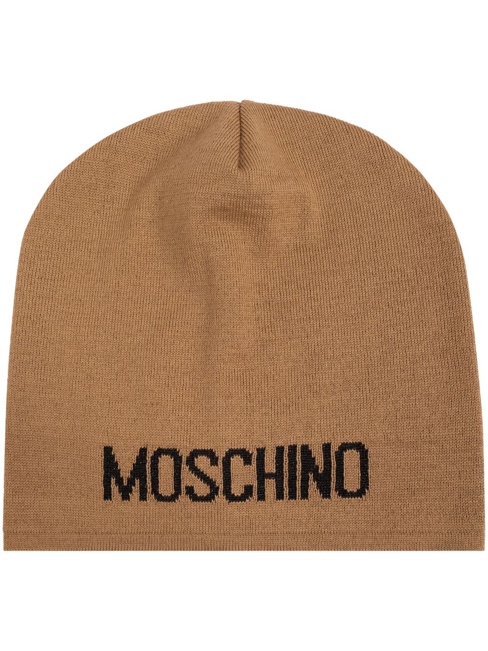 Moschino logo嵌花针织套头帽 - 褐色