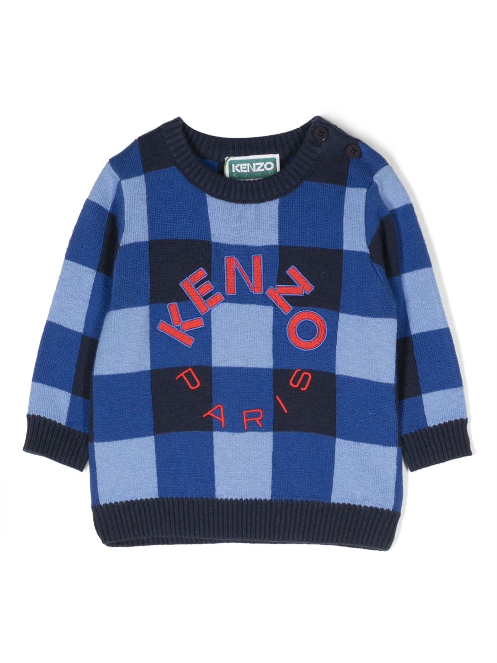 Kenzo Kids logo刺绣格纹卫衣 - 蓝色