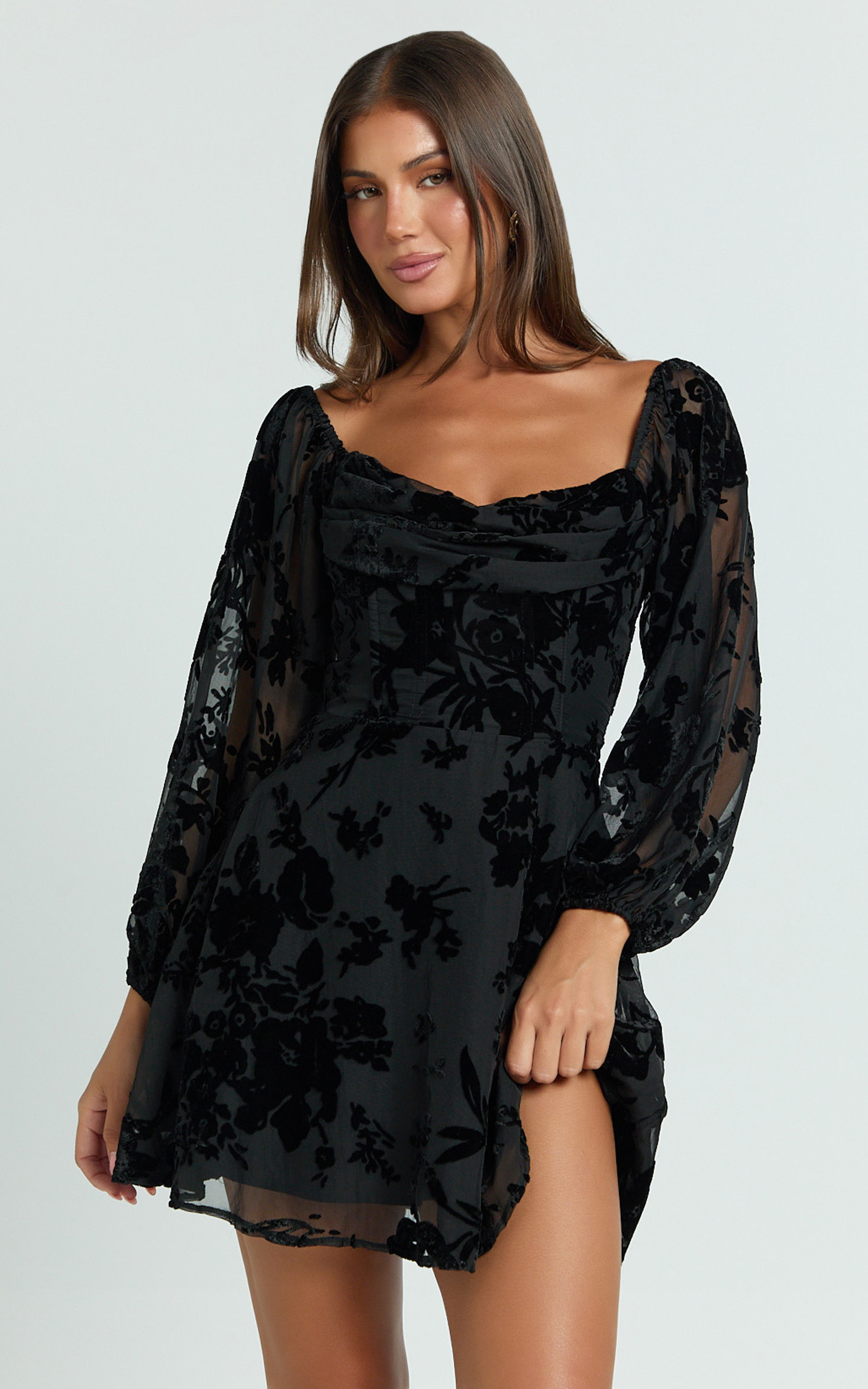 Jessell Mini Dress - Long Sleeve Cowl Corset Dress in Ebony Burnout