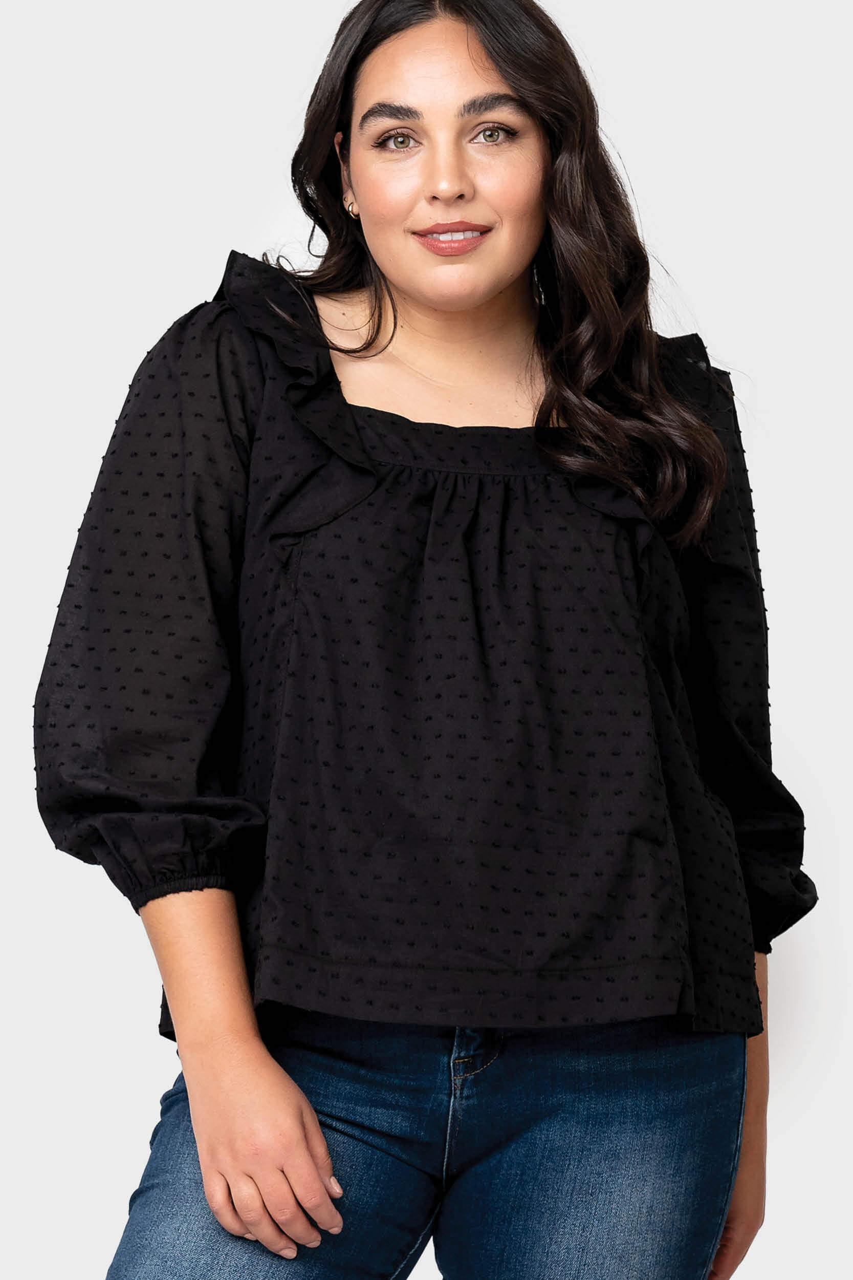 Long Sleeve Square Neck Ruffle Blouse - Black XL