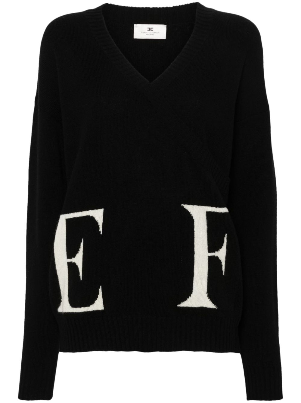 Elisabetta Franchi logo嵌花初剪羊毛毛衣 - 黑色