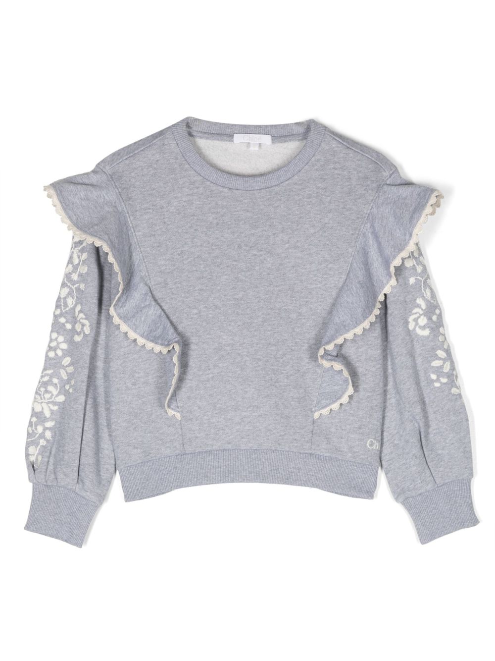 Chloé Kids 荷叶边细节花卉刺绣卫衣 - 灰色