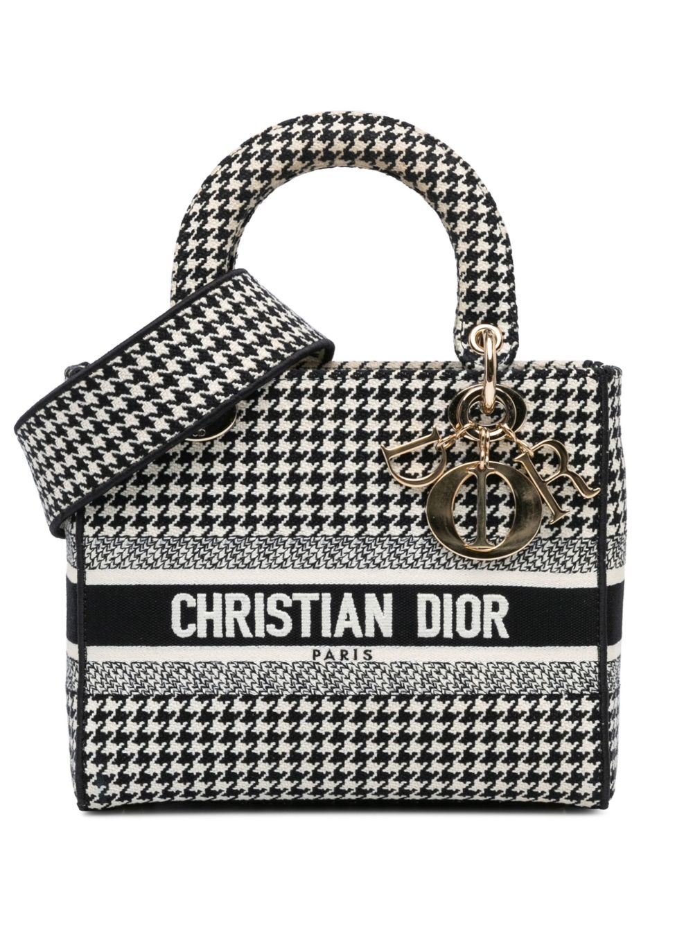 Christian Dior Pre-Owned Lady D Lite 中号帆布千鸟格纹刺绣斜挎包（2021年典藏款） - 黑色