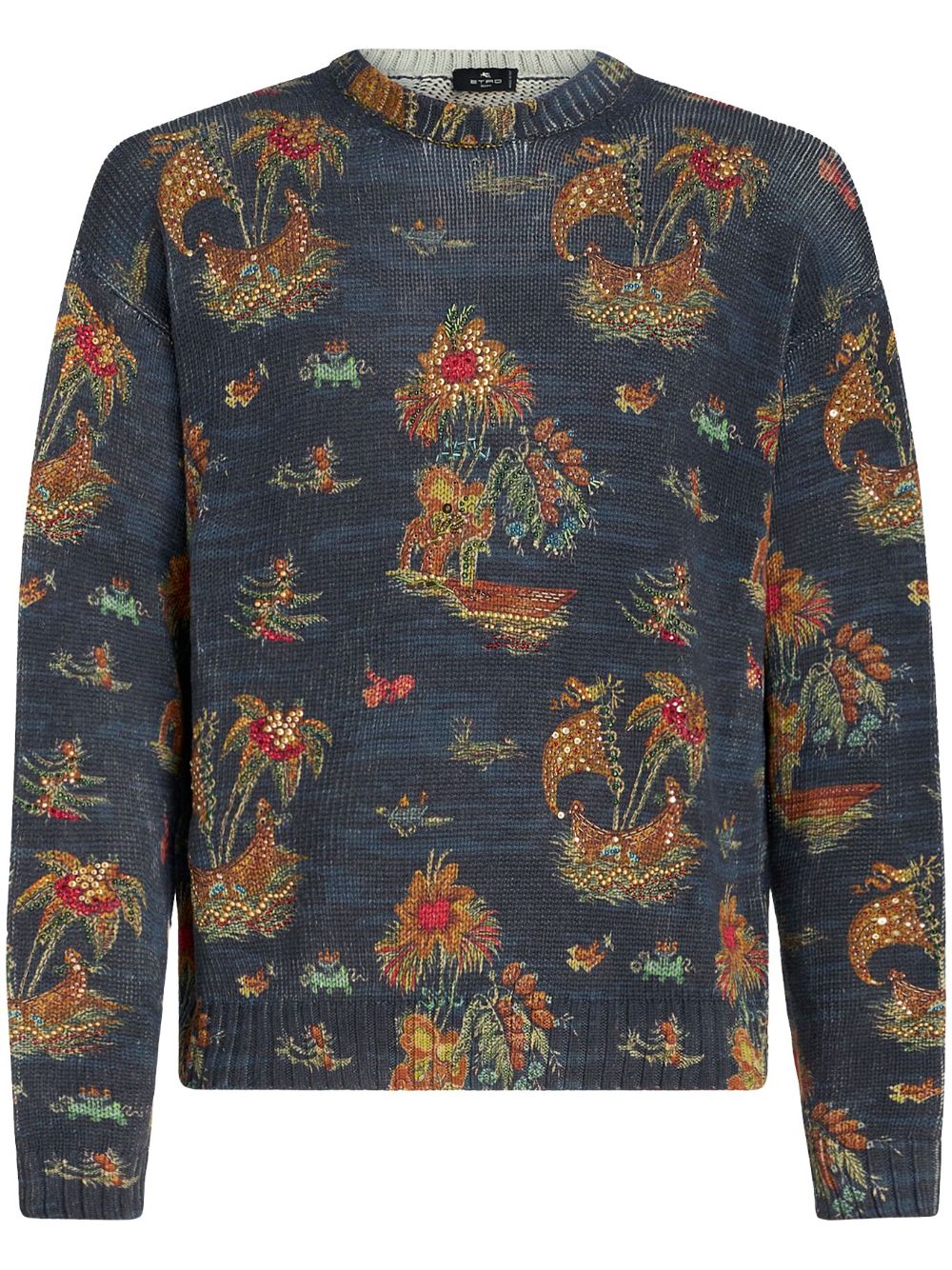 ETRO 图案印花真丝亚麻混纺毛衣 - 蓝色