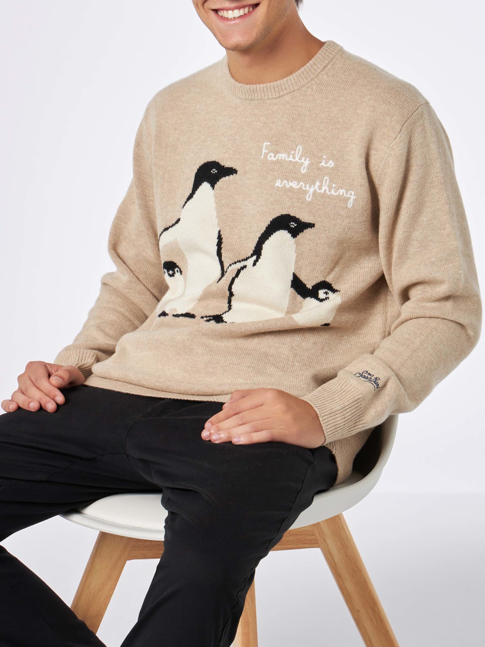 MC2 Saint Barth Man Sweater With Penguins Print And Family Is Everything Embroidery