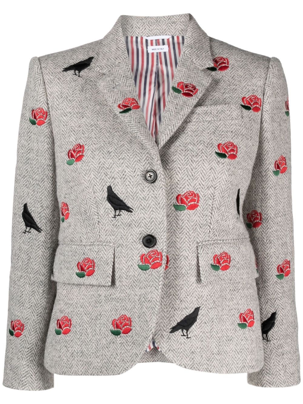 Thom Browne 玫瑰刺绣人字斜纹针织西装夹克 - 灰色