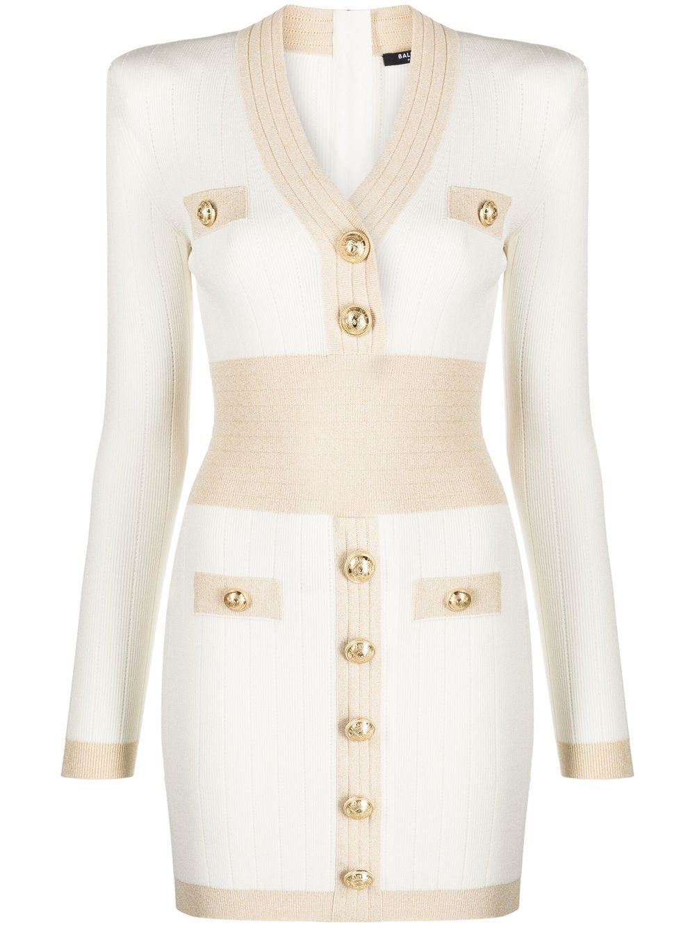 Balmain 压纹纽扣针织迷你连衣裙 - 白色