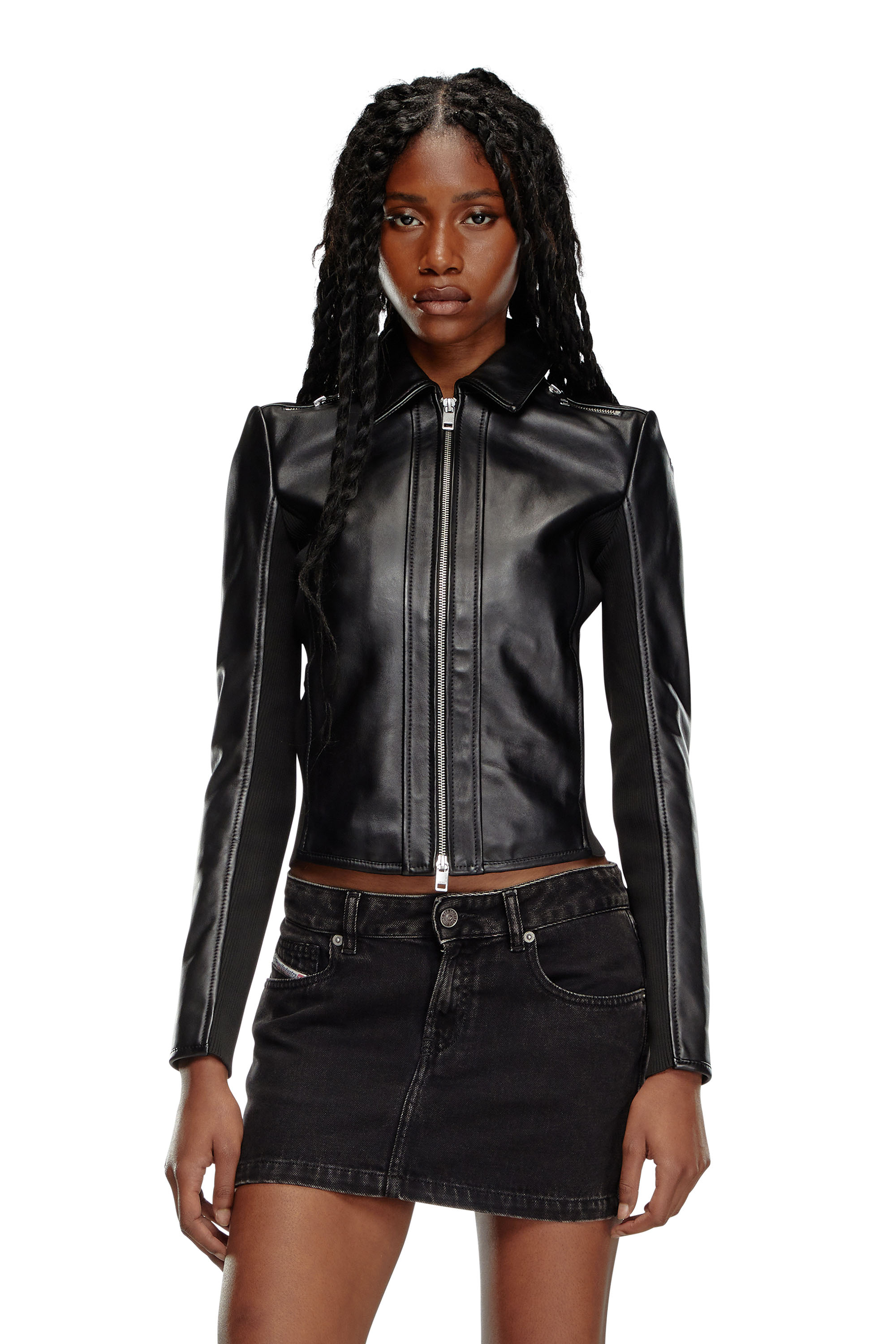 Diesel - Leather biker jacket with rib panels - Leather jackets - Woman - Black