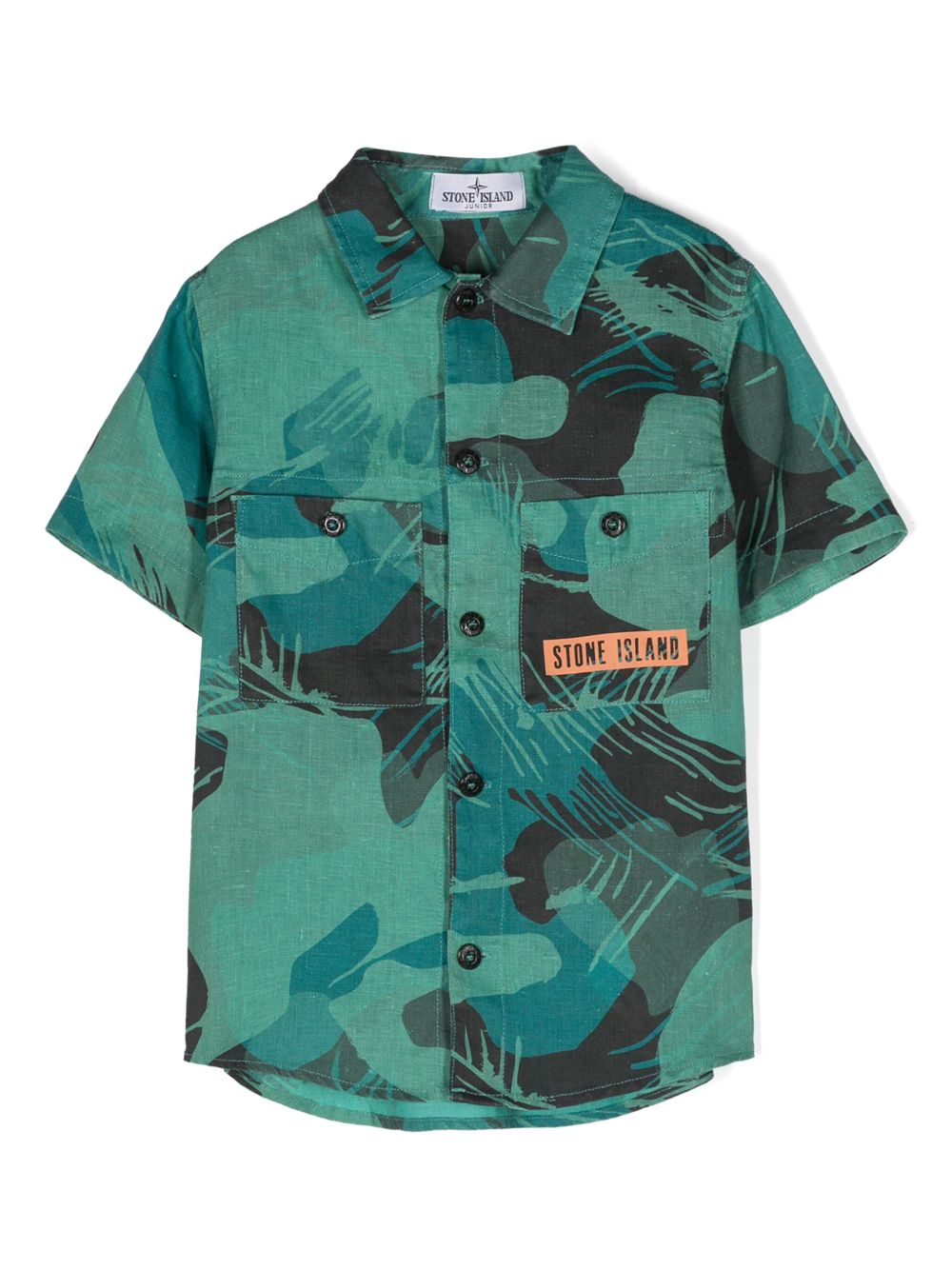 Stone Island Junior 抽象印花亚麻衬衫 - 绿色