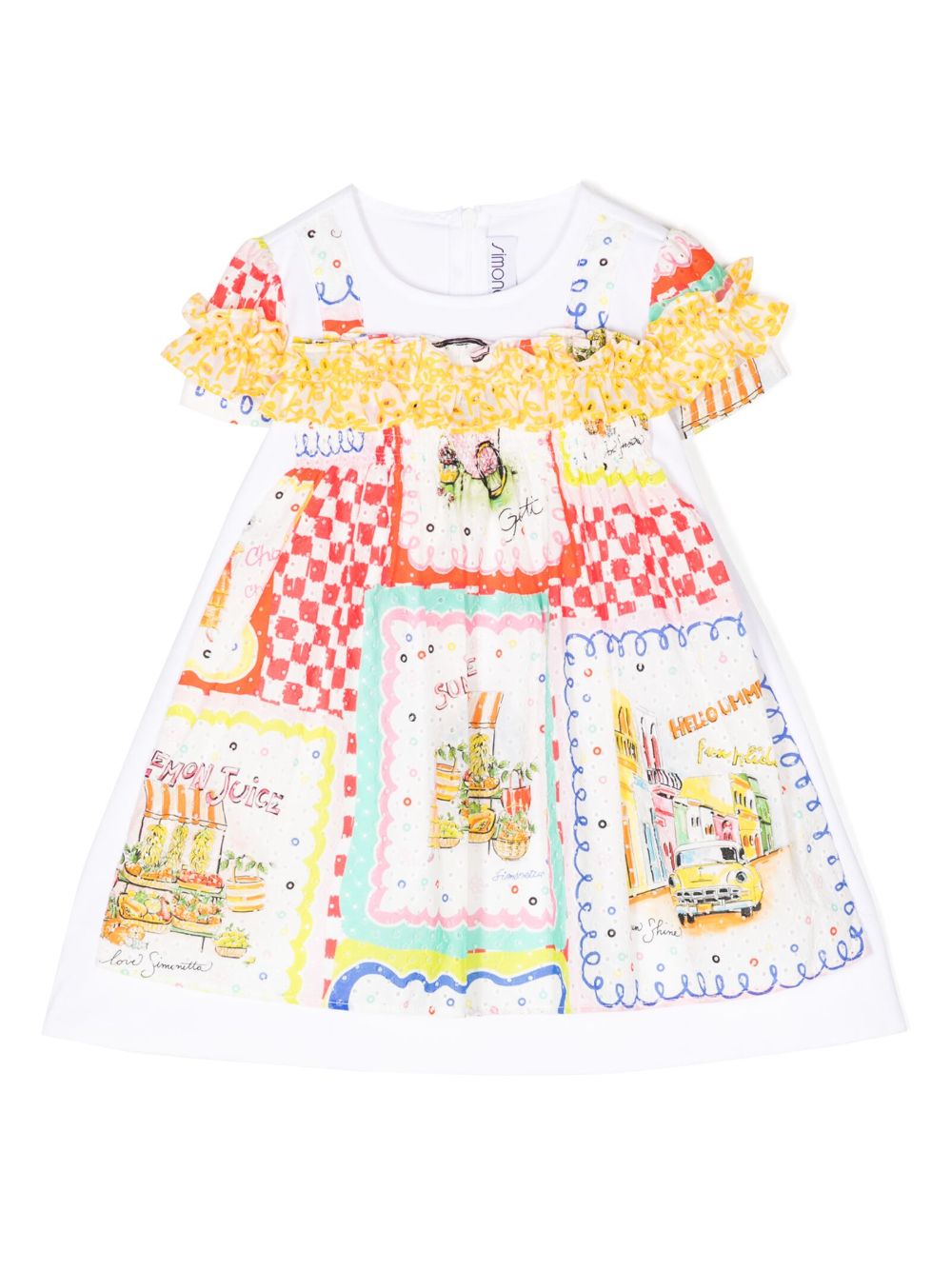 Simonetta 插画印花荷叶边边饰伞形连衣裙 - 白色