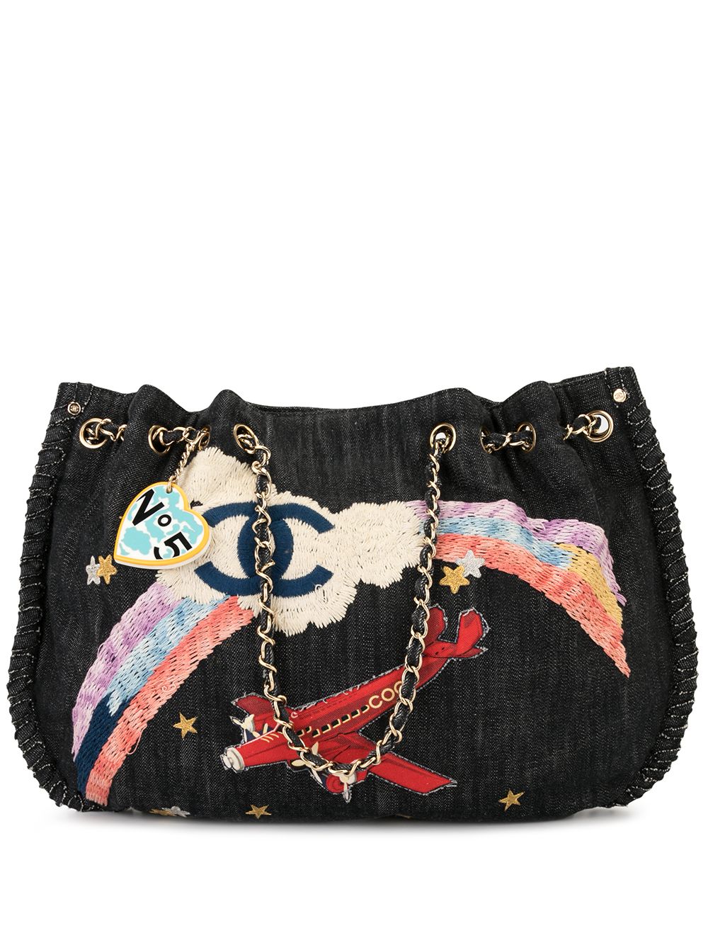 CHANEL Pre-Owned Jumbo XL彩虹刺绣手提包 - 蓝色