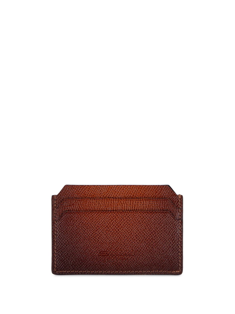 Santoni logo凹面压花粒面皮质卡夹 - 褐色