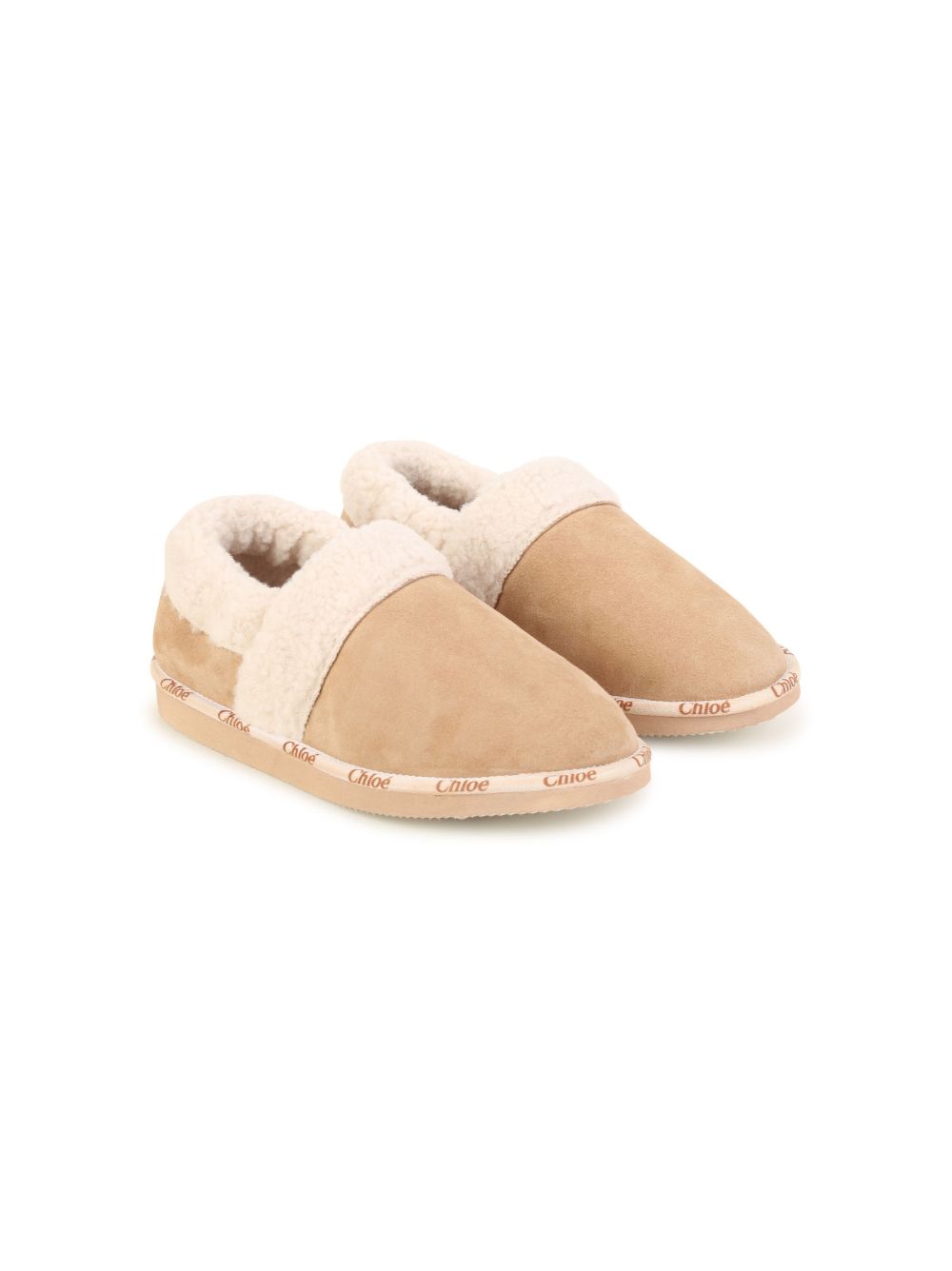 Chloé Kids logo印花袢带抓绒纹理拖鞋 - 中性色