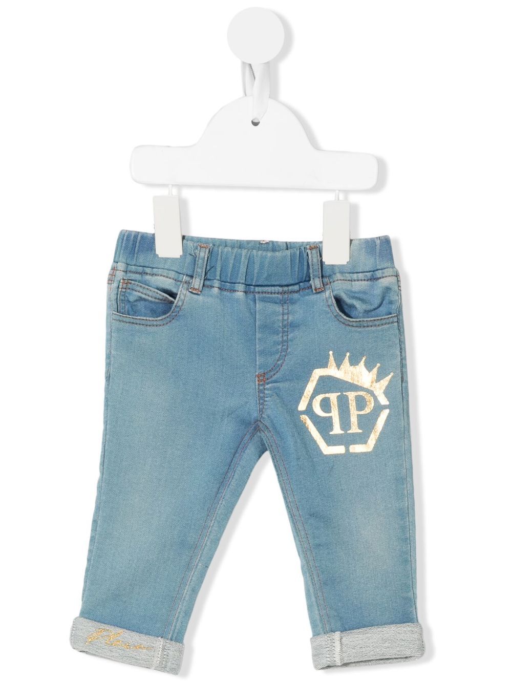 Philipp Plein Junior logo印花修身牛仔裤 - 蓝色
