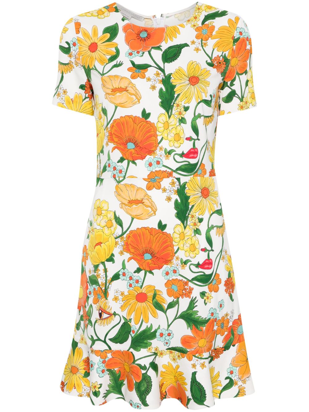 Stella McCartney 花卉印花束腰伞摆连衣裙 - 白色