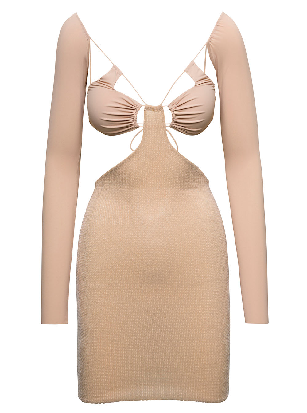 Amazuìn vera Beige Mini Long-sleeve Dress With Tonal Paillettes In Stretch Polyamiide Woman