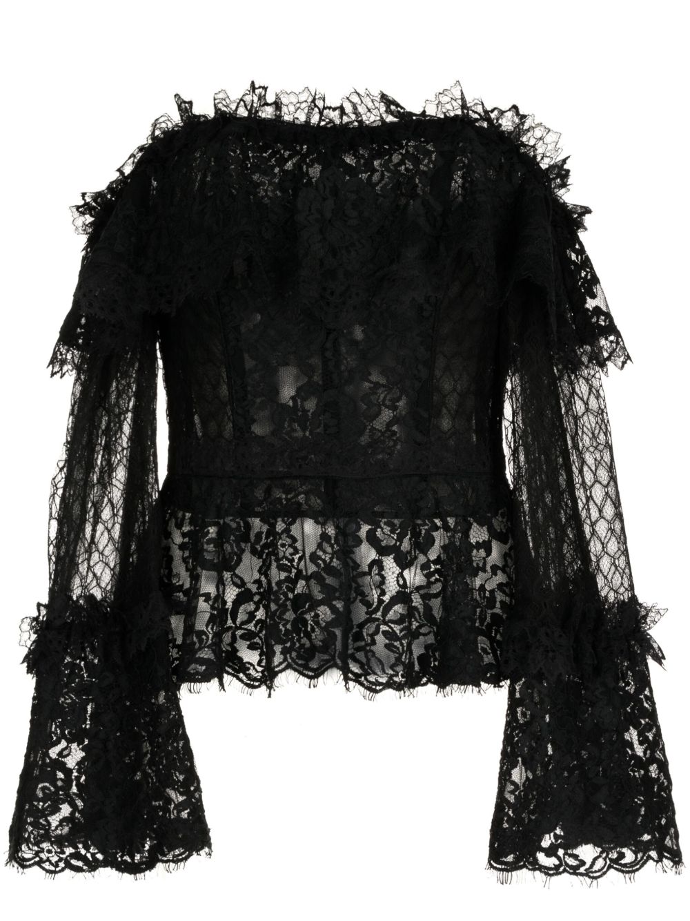 Zuhair Murad 露肩花卉蕾丝束腰伞摆罩衫 - 黑色