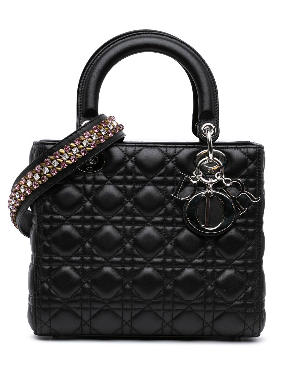 Christian Dior Pre-Owned 2016 Medium Lambskin Cannage Crystal Strap Lady Dior satchel - 黑色