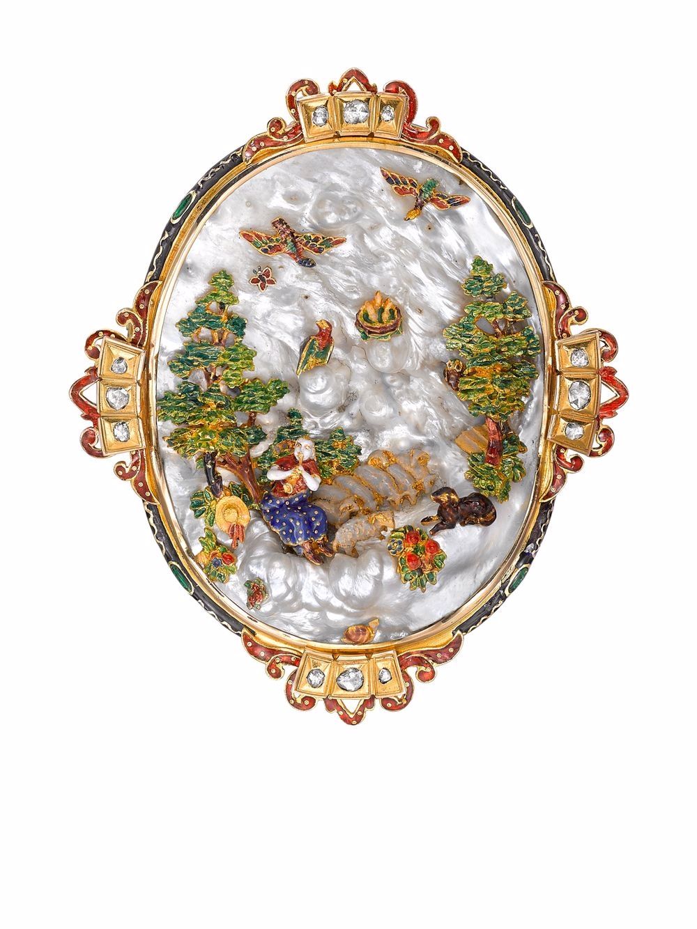 Pragnell Vintage Victorian 15K黄金珍珠母钻石缀饰胸针 - 金色