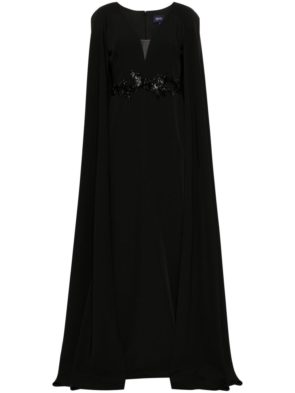 Marchesa Notte 花卉贴花斗篷礼服 - 黑色