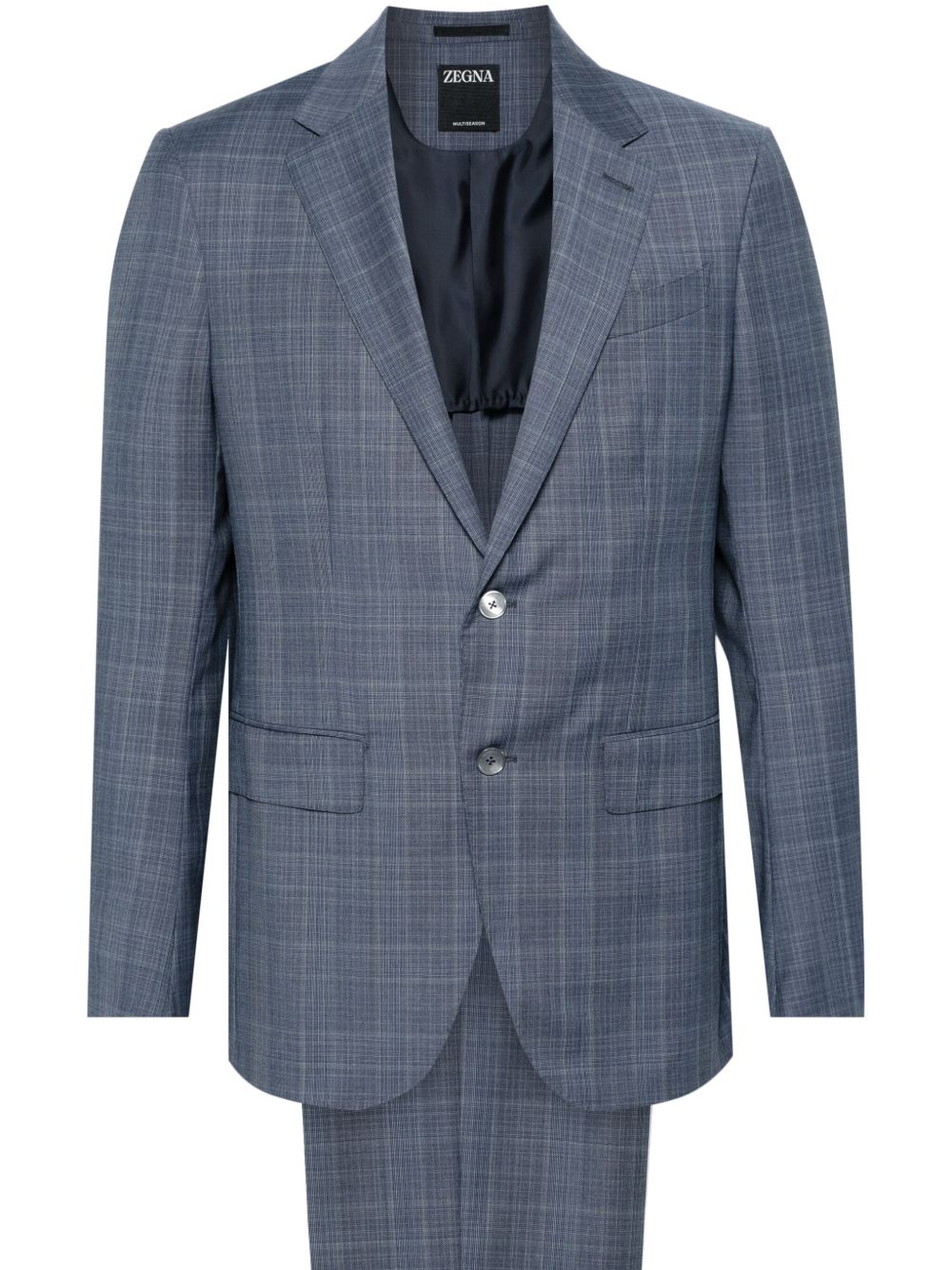 Zegna 格纹单排扣西装套装 - 蓝色